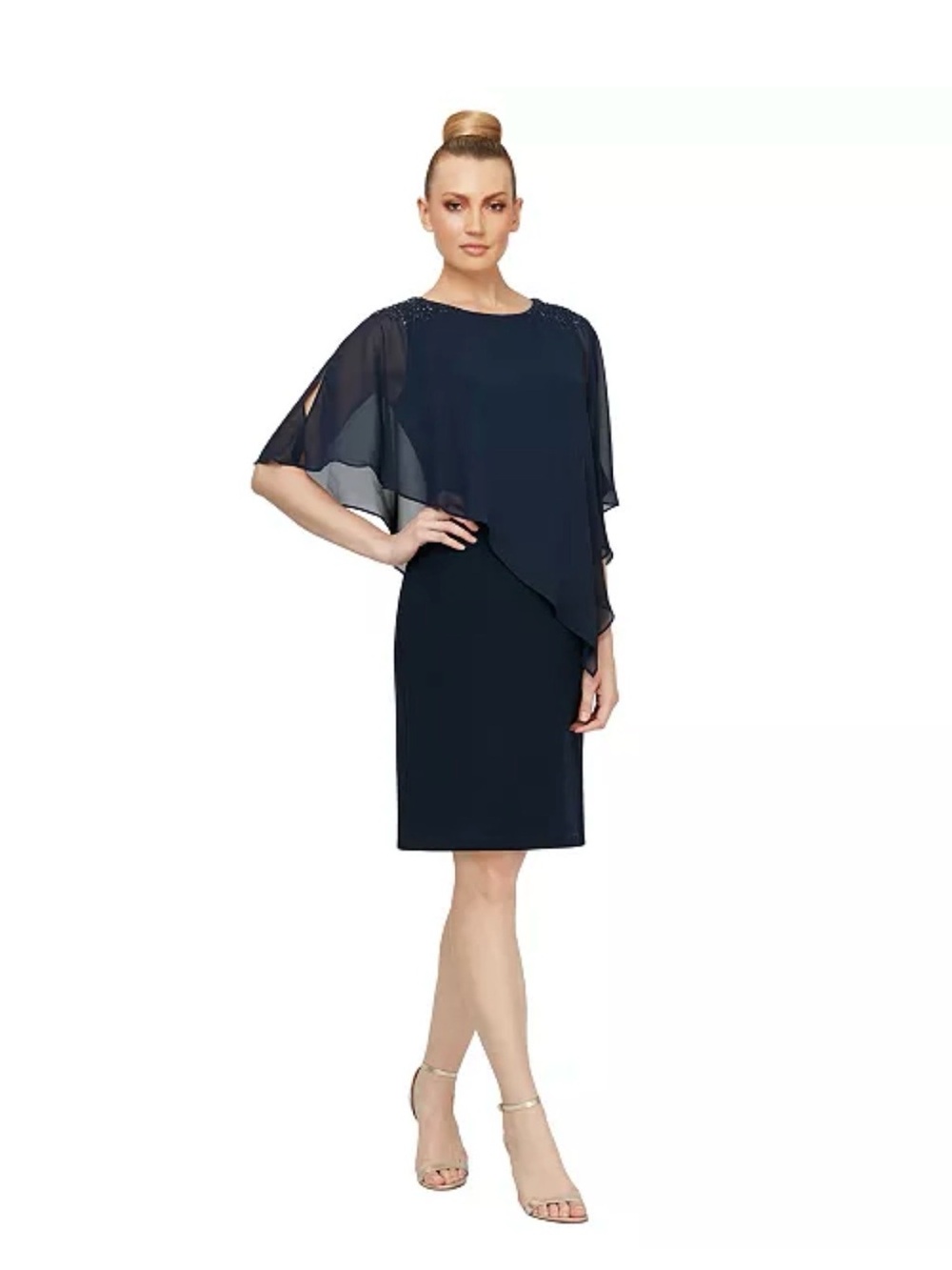 SLNY Navy Chiffon Cape Sheath Dress Size 18